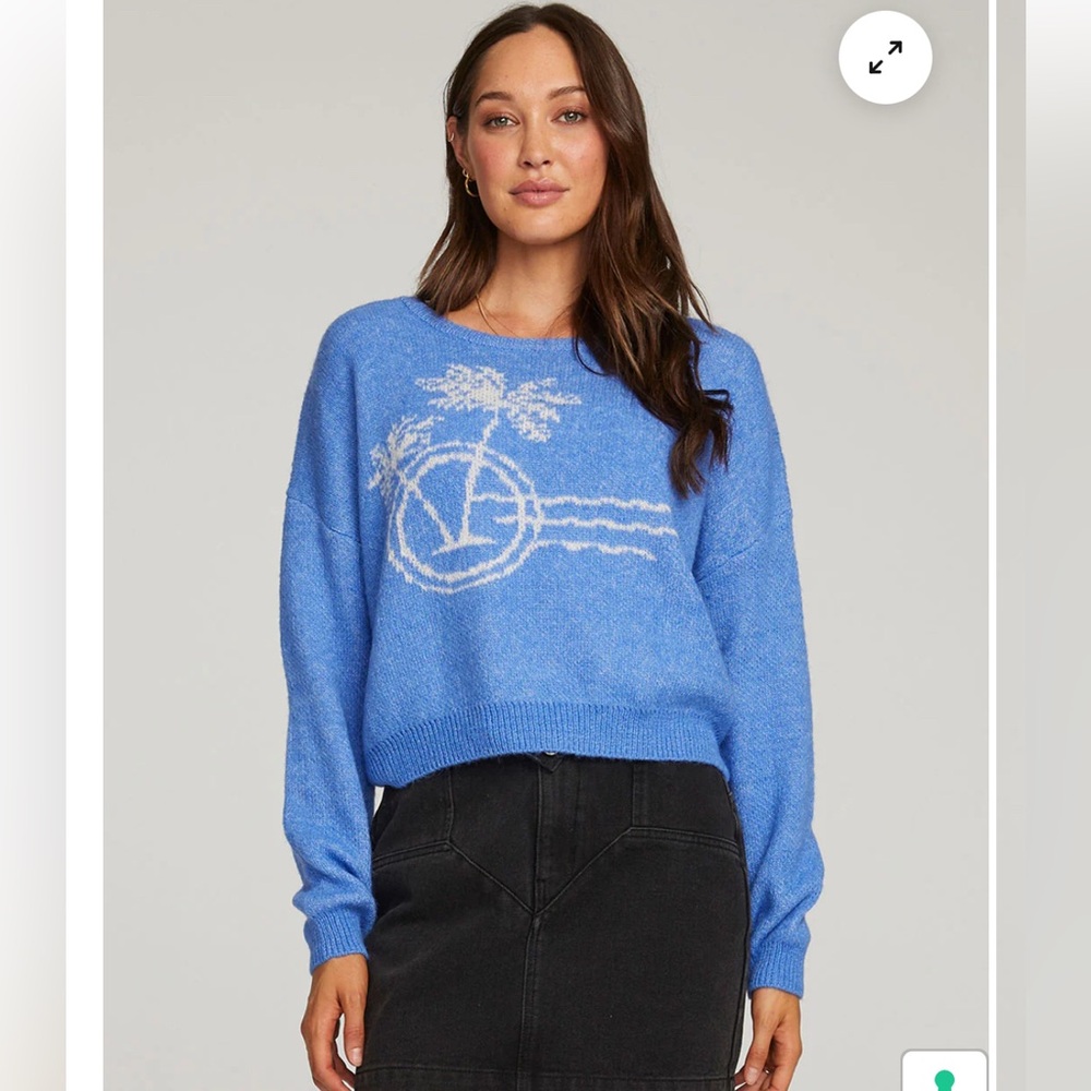 Saltwater LUXE Blue and White Crewneck Sweater with Palm Tree Design
